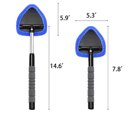2-Pack Windshield Cleaner Tool, Extendable Handle Auto Detailing Kit with 8 Washable Microfiber Pads & Spray Bottle, Professional Home & Car Window Glass Duster, 180° Swivel Head