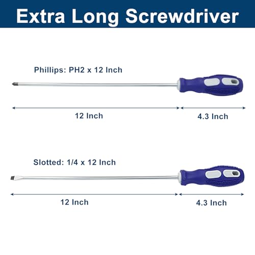 12-Inch Extra Long Slotted & Phillips Screwdriver Set, PH2 Magnetic Tip Flat Blade Cross-head Screwdrivers with Blue Rubber Handle (2-Pack) - size: Slotted & Phillips (Blue)