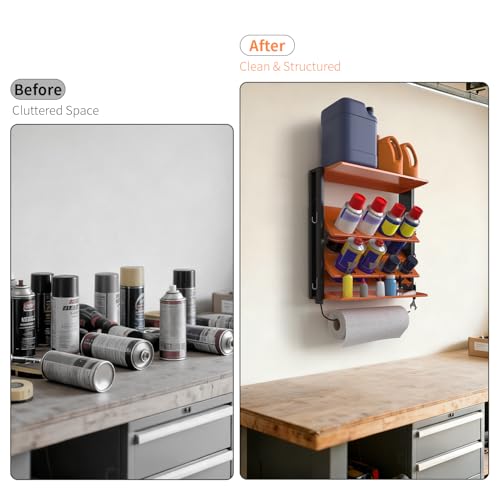 Spray Bottle Holder Wall-Mounted, Aerosol Spray Can Holder, Heavy Duty Paint Bottle Organizer with 8 Can Holes 80 LBS, Utility Storage Rack With Paper Towel Holder for Garage, Shop or Tool Trailer - style: B-Spray Can Rack