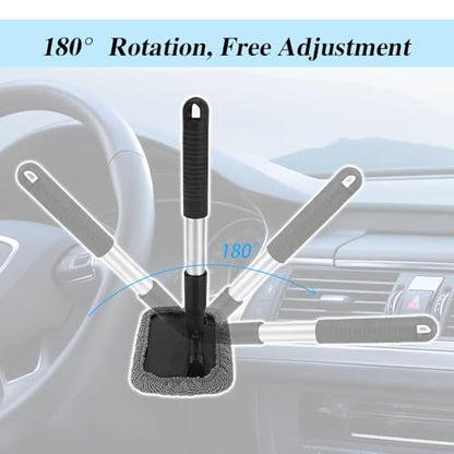 Car Windshield Cleaning Tool, Microfiber Window Cleaner with Washable and Reusable Cloth Pad & Long Handle, Universal Car Accessories Auto Glass Wiper Kit for Interior & Exterior Cleaning