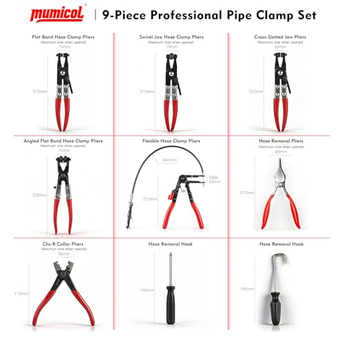 9PCS Hose Clamp Pliers Set, Locking Long Reach Hose Clamp Tool for Automotive, Flexible Wire Radiator Coolant Heater Hose Removal Pliers with Case for DIY Home Use