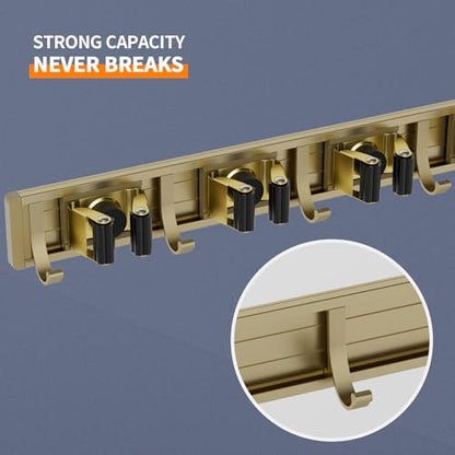 reliahom Broom Holder Wall Mount Mop Hanger Tools organizer 4Racks 5Hooks | Adjustable Mop Broom Wall Hanging Heavy duty Tools Storage Rack Space-saving for Garage,Kitchen,Laundry Room,Garden, Bronze - color: Bronze