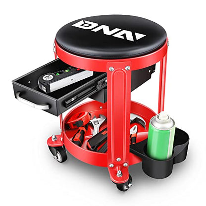 DNA Motoring TOOLS-00197 Round Mechanics Roller Seat Creeper Stool With Padded Cushion, Tool Storage Drawer & Tray, 300 Lbs Max Weight Capacity - color: Red / Black