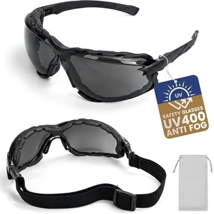 Flaya Foam Lined Safety Glasses Anti-Fog Z87.1 Mowing Goggles with Strap | Adjustable Elastic Strap, UV400 Protection, Fits Men & Women, Dust & Debris Protection, Lawn Care & Gun Range - color: Black