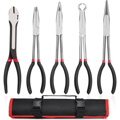 Needle Nose Pliers Set 5Pcs, Extra Long Reach Plier Set, 90°&45° Bent Nose Pliers, Circle Nose/Diagonal Pliers for Narrow Spaces, 11" Long Reach Straight Plier for Wire Bending, Trimming
