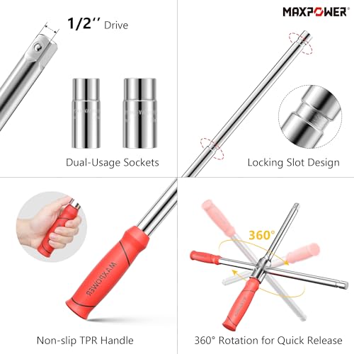 MAXPOWER Lug Wrench, Tire Wrench With 1/2-Inch Drive and 2PCS Standard Sockets (17 mm/19 mm, 21 mm/23 mm), Detachable Rapid Cross Lug Nut Wrench With Storage Box