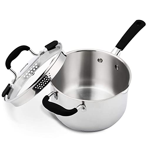 Rorence 3.7 Quart Saucepan with Glass Lid: Stainless Steel Sauce Pan with Two Sides Pour Spout & Riveted Silicone Handles & Build-in Strainer Tempered Glass Cover … - size: 3.7 quarts