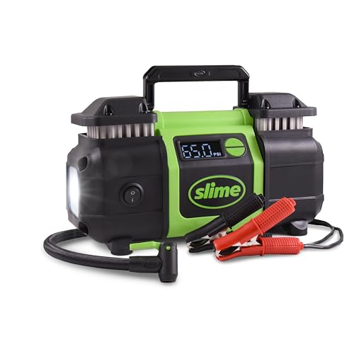 Slime 40083 Tire Inflator, Super Duty Pro Power, Battery Connection, Dual Piston, with Digital 0-99 psi Gauge, Long Hose and LED Light, Alligator Clips, 2 min Inflation - style: Super Duty Pro Power