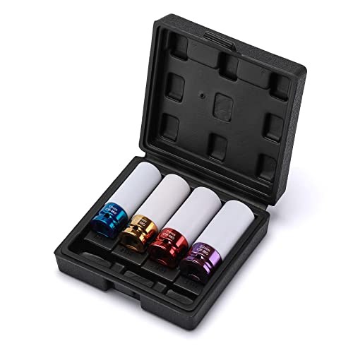EMENTOL 4PCS 1/2" Drive Thin-Walled Impact Drive Lug Nut Socket Set, CR-MO, Metric, Protective Wheel Impact Socket Set-17mm, 19mm, 21mm, 22mm - size: 4PCS