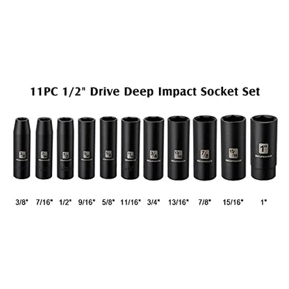 MIXPOWER 11 Pieces 1/2-Inch Drive Deep Impact Socket Set, 3/8-Inch to 1-Inch, CR-V, SAE, 6 Point, Deep, 11 Pieces 1/2" Dr. Socket - size: 9.5 mm - 25.4 mm (Deep, 11PCS)