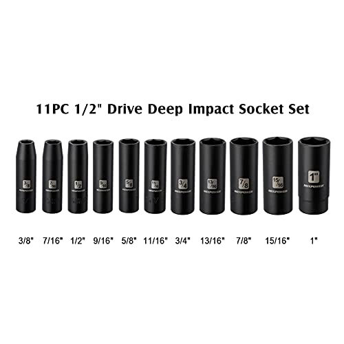 MIXPOWER 11 Pieces 1/2-Inch Drive Deep Impact Socket Set, 3/8-Inch to 1-Inch, CR-V, SAE, 6 Point, Deep, 11 Pieces 1/2" Dr. Socket - size: 9.5 mm - 25.4 mm (Deep, 11PCS)