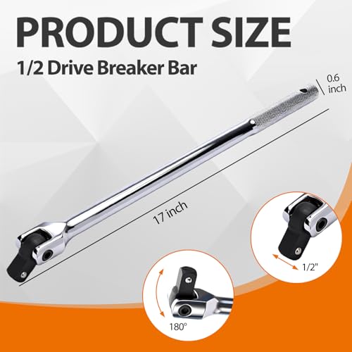 17-inch Dual Drive Breaker Bar, Heavy Duty Breaker Bars, 1/2 drive Flex Handle with 180° Rotatable Head - size: 17inch