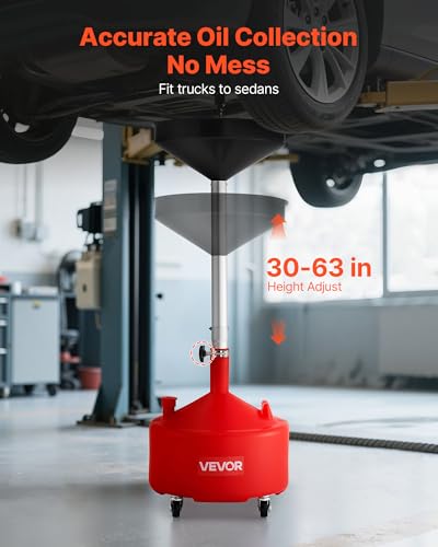 VEVOR 8 Gallon Waste Oil Drain Tank, Industrial Fluid Drain Tank with Adjustable Funnel Height, Portable Oil Drainer with Wheels, Fluid Fuel Transfer Drainage for Auto Repair Shops, Garages, Red - size: 8 Gallon
