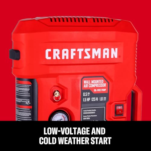 CRAFTSMAN Tire Inflator, All in One Wall Mount Air Compressor Oil-Free with Retractable 30ft Air Hose and Pressure Regulator, Great for Tire Inflation, Brad/Stapler, Finishing Jobs,1.5HP 125PSI - size: No Accessories