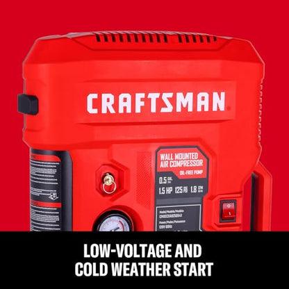 CRAFTSMAN Tire Inflator, All in One Wall Mount Air Compressor Oil-Free with Retractable 30ft Air Hose and Pressure Regulator, Great for Tire Inflation, Brad/Stapler, Finishing Jobs,1.5HP 125PSI - size: No Accessories