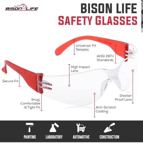 BISON LIFE Clear Safety Glasses – ANSI Z87.1 Certified Scratch & Impact Resistant Eye Protection Goggles for Men & Women - color: Clear/Red
