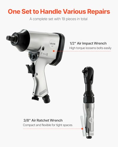 VEVOR 1/2" Air Impact Wrench & 3/8" Ratchet Wrench Combo, 19 Pieces Pro Air Tool and Accessories Kit - Includes 10PCS CR-V Steel Impact Socket Set & Carrying Case for Auto Repair, Home DIY Projects - style: 19 Pieces