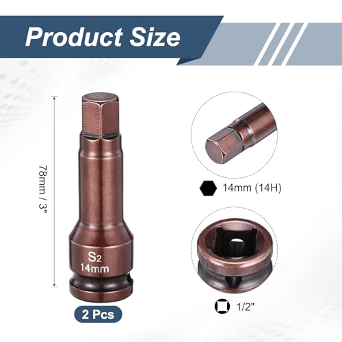 HARFINGTON 2pcs Impact Hex Bit Socket 1/2" Drive 14H (14mm) Hex Bits 3" Length S2 Steel Metric Impact Wrench Socket Adapter Tool for Automotive Repair Industrial Construction and Home DIY - size: H14 x 1/2" x 3"