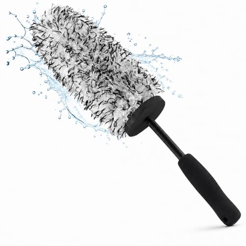 Long Handle Wheel Barrel Brush, Soft Microfiber Wheel Cleaner Brush, Non-Scratch Car Detailing Tool for Rim Cleaning and Tire Detailing (Black)