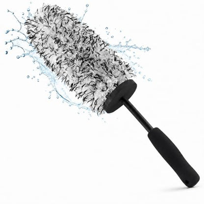 Long Handle Wheel Barrel Brush, Soft Microfiber Wheel Cleaner Brush, Non-Scratch Car Detailing Tool for Rim Cleaning and Tire Detailing (Black)