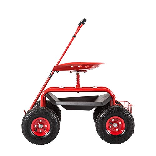 Kinfant Rolling Garden Cart Scooter Stool - Garden Cart with Wheels & Seat, Adjustable Handle 360 Degree Swivel (Red) - color: Red