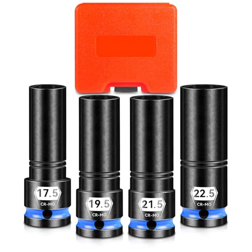 1/2" Drive Thin Wall Lug Nut Socket Set, 4 PCS Half Size Metric Impact Wheel Socket,17.5mm, 19.5mm, 21.5mm, and 22.5mm, Cr-Mo Steel For Damaged, Swollen and Stuck Lug Nuts