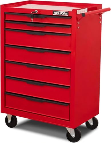 7-Drawer Rolling Tool Chest with Locking Wheels & Drawers, 13" D x 24.2" W x 34.6" H Mobile Tool Storage Cabinet, Heavy-Duty Garage Organizer w/Ergonomic Handle - color: Red