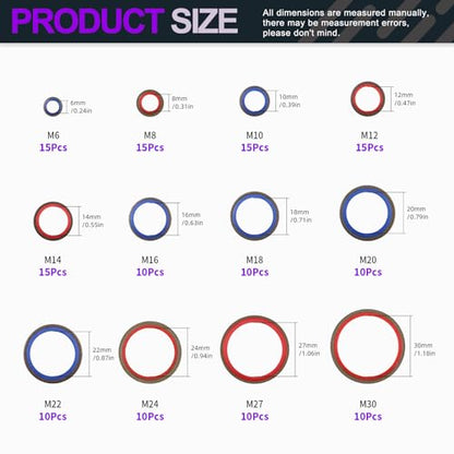 Swpeet 145Pcs 12Sizes 2Colors Self-Centred Dowty Seal Gasket O Ring Kit, Bonded Seal Washer NBR Metric Metal Oil Drain Plug Gasket Kit for Automotive M6 M8 M10 M12 M14 M16 M18 M20 M22 M24 M27 M30