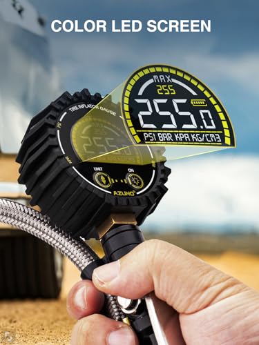 AZUNO Digital Tire Inflator Gauge 255 PSI, Heavy Duty Tire Pressure Gauge with Air Chuck, Steel Braided Hose, Quick Connect Coupler & Case for Truck RV Trailer - size: 255PSI For Truck / RV