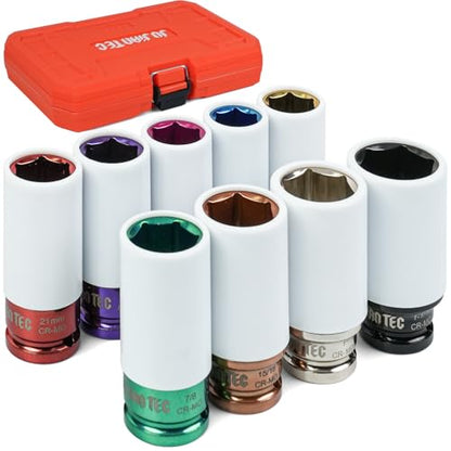 9-Piece Impact Lug Nut Socket Set, 1/2" Drive | Metric (17,19,21mm) & SAE (3/4" to 1-1/16"), Thin Wall 6-Point Design, Colored Protective Sleeves, Non-Marring Rim Guard - style: 17 19 21MM ; 3/4",13/16",7/8",15/16",1",1-1/16"