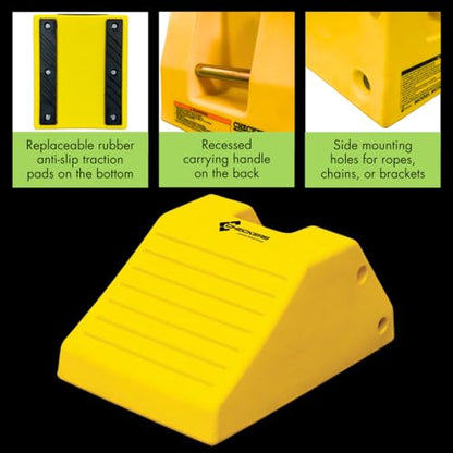 Checkers Heavy Duty Wheel Chocks for 95"-142" Tires, One Large Tire Chock for Haul Trucks, Loaders, and Cranes, 427 Ton Capacity, Lightweight HDPE, Made in the USA, Yellow, MC3012 - size: For 95"-142" Tires