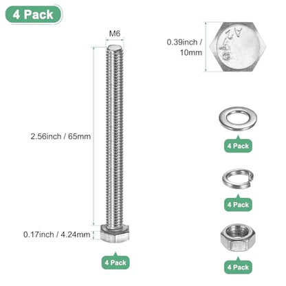 M METERXITY 4-Pack Hex Head Screw Bolt with Nuts Flat & Lock Washers M6x65mm Stainless Steel Bolts and Nuts Kit Fully Threaded Metric Bolt Assortment for Equipment/Machinery - size: M6 x 65mm