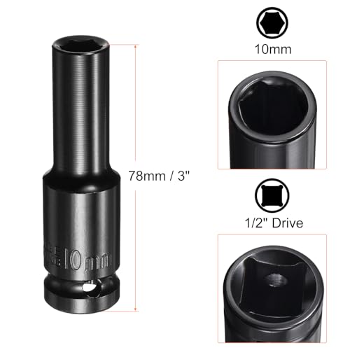 HARFINGTON Deep 6-Point Impact Socket 1/2" Drive 10mm Metric Socket 3" Length with 1/4" Hex Shank Adapter, CR-V Steel Socket Adapter Accessory Tool Set Kit for Hex Bolts Nuts - size: 10mm