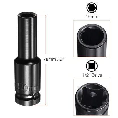 HARFINGTON Deep 6-Point Impact Socket 1/2" Drive 10mm Metric Socket 3" Length with 1/4" Hex Shank Adapter, CR-V Steel Socket Adapter Accessory Tool Set Kit for Hex Bolts Nuts - size: 10mm