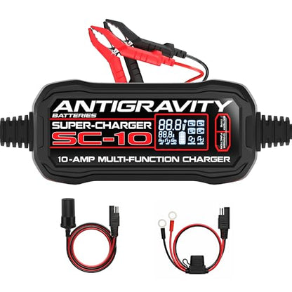 Antigravity SC-10 Super-Charger 10A Smart Battery Charger & Maintainer for 6V/12V Lithium (LiFePO4) & 12V Lead-Acid Batteries – Wall-Powered, LCD Display, Power Supply Mode, BMS Reset