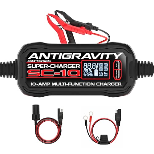 Antigravity SC-10 Super-Charger 10A Smart Battery Charger & Maintainer for 6V/12V Lithium (LiFePO4) & 12V Lead-Acid Batteries – Wall-Powered, LCD Display, Power Supply Mode, BMS Reset