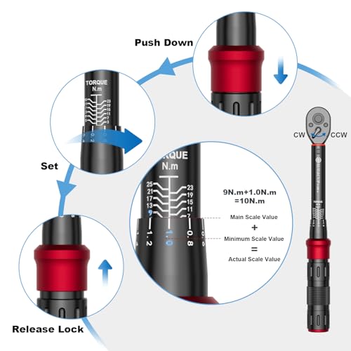 SUERCUP 3-25Nm 1/4-Inch Drive Click Bike Torque Wrench 18 PCS Set | Torque Wrench Set Dual-Direction Adjustable, 72 Tooth, Used for Bicycle Maintenance - size: 1/4" 3-25N.m 18PCS
