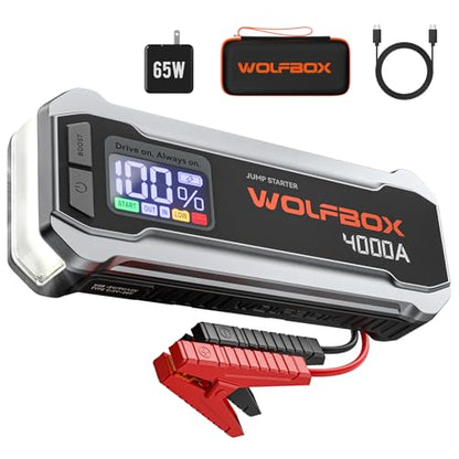 WOLFBOX 4000A Jump Starter,12V Car Battery Jumper Starter Portable with 65W Quick Charger,LED Display,88.8Wh Booster Jump Box Pack (10L Gas 10L Diesel Engine) with LED Light,Jumper Cables, MV24 - size: 4000A