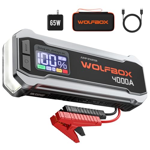 WOLFBOX 4000A Jump Starter,12V Car Battery Jumper Starter Portable with 65W Quick Charger,LED Display,88.8Wh Booster Jump Box Pack (10L Gas 10L Diesel Engine) with LED Light,Jumper Cables, MV24 - size: 4000A