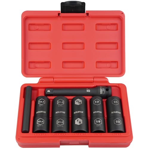 K231 Extra Thin Wall Impact Flip Socket and Knockout Bar Set with Half Sizes, Lug Nut Sockets, 1/2-Inch Drive, 7-Piece - size: Half and Regular sizes