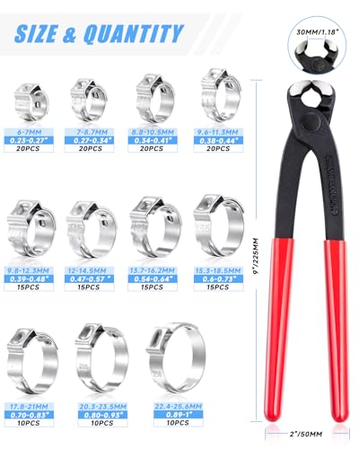 170 Pcs Single Ear Hose Clamps Kit, 11 Sizes 1/4"-1" (6mm-25.6mm), 304 Stainless Steel Crimp Hose Clamps with Pliers – Fuel Line Clamps for Automotive, Plumbing, Garden Hose - size: 11 Sizes (6.35-25.4 mm) with Pincer