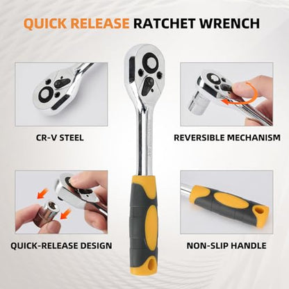 Ratchet Socket Wrench Set Metric, 12PCS Drive Mini Socket Kit with CR-V Steel Sockets (4–13mm) 1/4 Inch, Quick-Release Reversible Ratchet and Extension Bar for Automotive, DIY and Home Repair