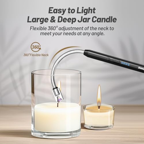 Electric Candle Lighter, Safty Lock, Long Flexible Neck, USB Type-C Port, Rechargeable Lighter, Windproof Flameless, Led Display, for Home Kitchen (Black)