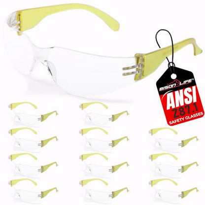 BISON LIFE Clear Safety Glasses – ANSI Z87.1 Certified Scratch & Impact Resistant Eye Protection Goggles for Men & Women - color: Clear/Yellow