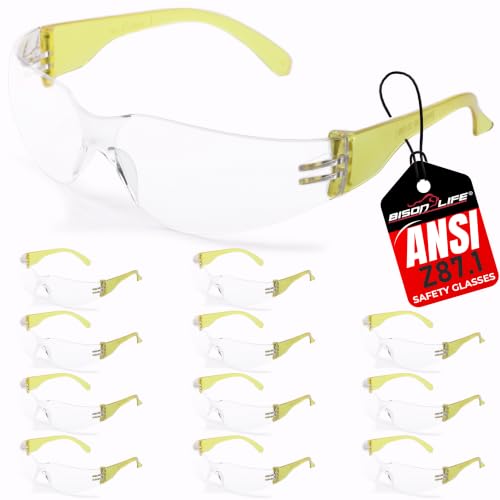 BISON LIFE Clear Safety Glasses – ANSI Z87.1 Certified Scratch & Impact Resistant Eye Protection Goggles for Men & Women - color: Clear/Yellow