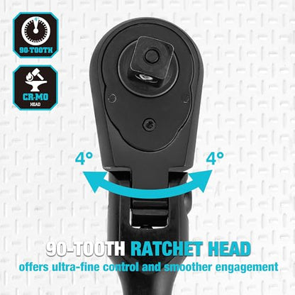 DURATECH 1/4-Inch Drive Flex-Head Ratchet, 90-Tooth Quick-Release Ratchet Wrench with 180° Pivoting Head and 7-Position Setting, Reversible, CR-V Made, CR-MO Head, 4° Swing, Black Mn Phosphate Finish - size: 1/4"(Black)