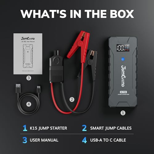 K15 Extremely Safe Jump Starter, 2500A Car Battery Jump Starter for Up to 8.0L Gas or 6.0L Diesel Engines, 12V Portable Jump Box with Smart Jumper Cable, USB-C Charge and 3 Mode Flashlight