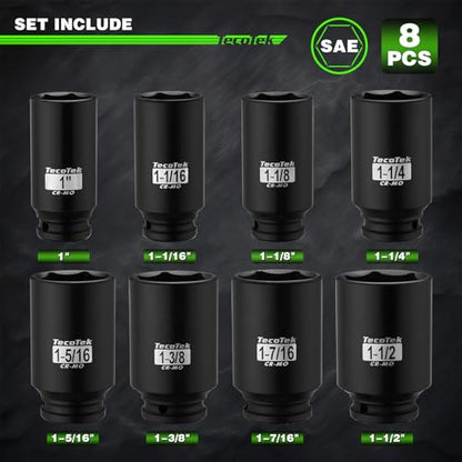 TecoTek 1/2" Drive Deep 6-Point Impact Socket Set, 8-Piece Standard SAE Spindle Axle Nut Impact Socket Set, Cr-Mo, 1-Inch to 1-1/2-Inch Size - size: 1-Inch to 1-1/2-Inch (8 pieces)