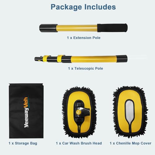 YeewayVeh Car Wash Brush Mop with Long Handle, 55" Car Wash Brush with 2 Replaceable Microfiber Mop Heads, 15° Curved Extension Pole Auto Cleaning Wash Kit for Truck SUV RV Camper, Yellow - color: Yellow & Black