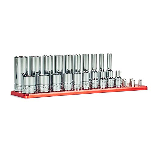 Capri Tools 1/4 Drive Shallow and Deep Chrome Sockets Set, 6-Point, 3/16 to 9/16 in, SAE, 20-Piece with Billet Aluminum Socket Rail - size: Shallow & Deep Set w. Rail / 3/16-9/16 in.